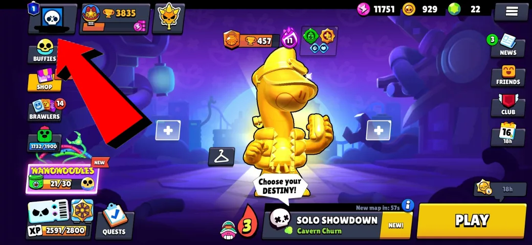 Brawl Stars main menu with an arrow pointing at your profile in the top-left corner