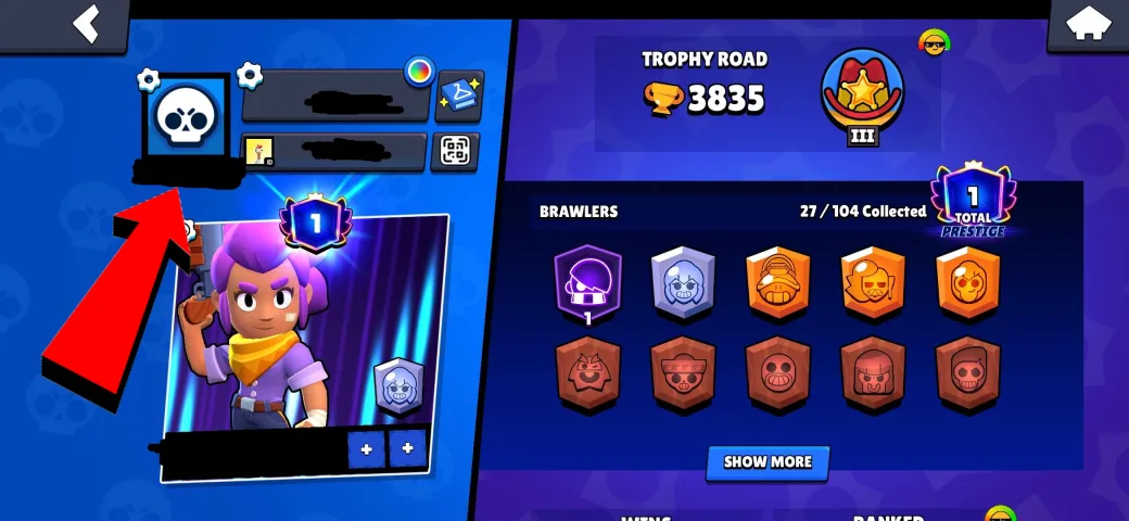 Brawl Stars profile screen with an arrow pointing at the player's tag