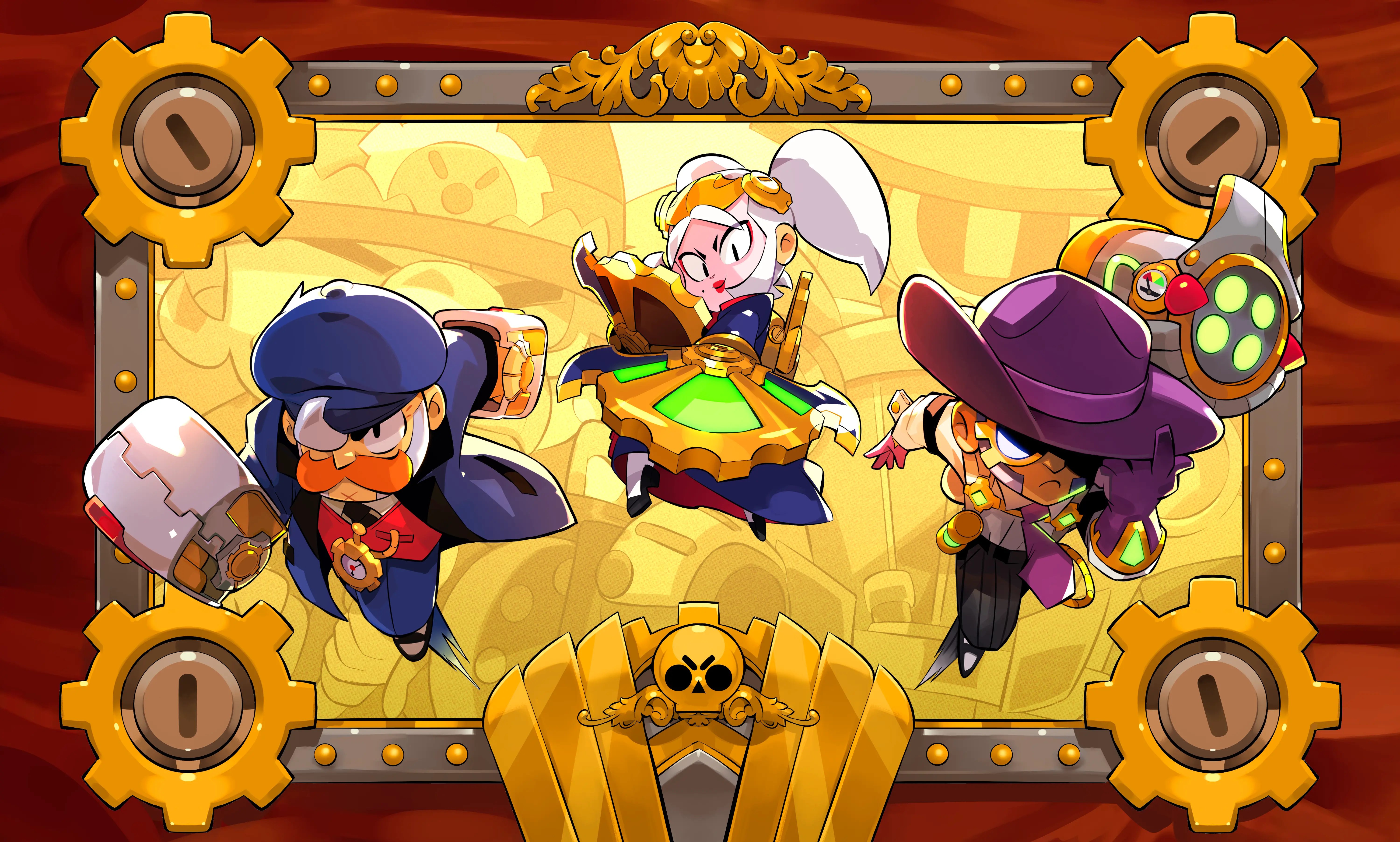 Brawl Stars June 2026 update artwork with three brawlers in a gold gear frame