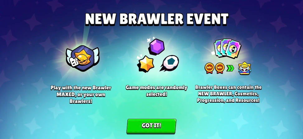 Brawl Stars New Brawler Event screen showing maxed brawler play and Brawler Box contents