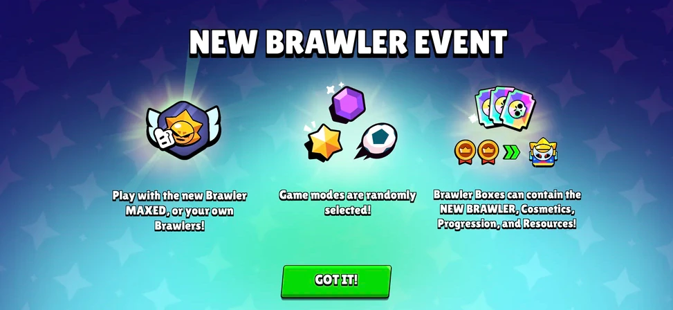Brawl Stars New Brawler Event screen showing maxed brawler play and Brawler Box contents
