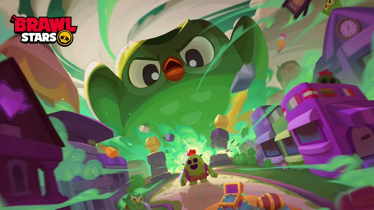 Duo from Duolingo looming as a giant boss in the Brawl Stars collab boss mode