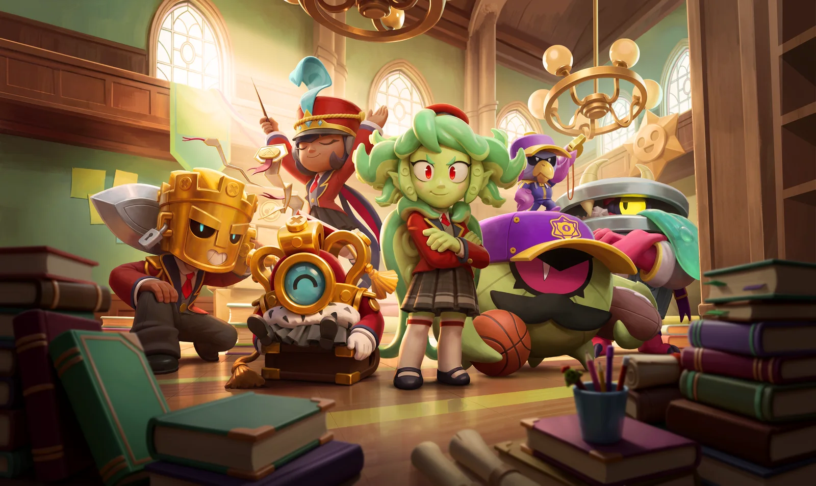 Brawl Stars Royal Academy season key art with brawlers in school uniforms in an academy library