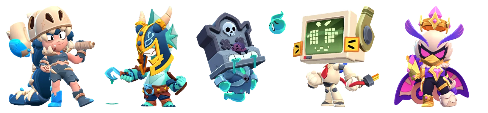 The five Supercell MAKE skins in the Brawl Stars September update, left to right: Bone Collector Alli, Jormungandr Doug, Gravestone Griff, Retro Kit and Twilight Queen Lily