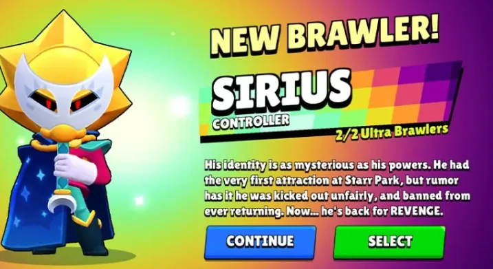 Brawl Stars unlock screen showing Sirius counted as 2 of 2 Ultra brawlers