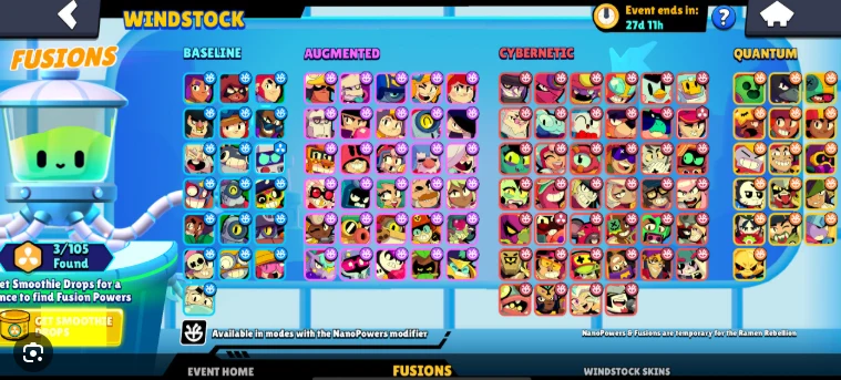 The Brawl Stars Windstock Fusions screen, showing all 105 Fusions sorted into Baseline, Augmented, Cybernetic and Quantum tiers